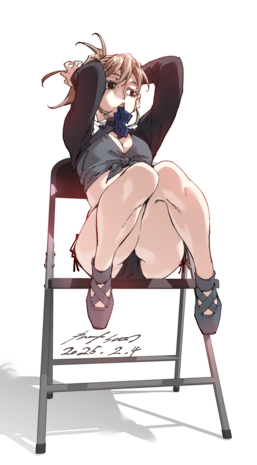 1girl black_panties chair hairdressing legs mouth_hold nabipenciller original panties sitting solo underwear