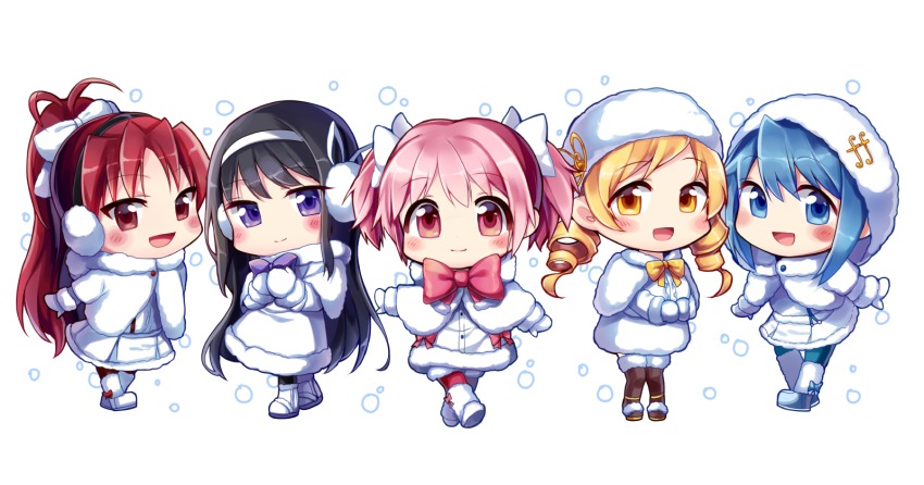 10s 5girls :d akemi_homura alternate_costume black_hair blonde_hair blue_eyes blue_hair blush chibi drill_hair earmuffs fortissimo hair_ornament hairband highres kaname_madoka long_hair looking_at_viewer mahou_shoujo_madoka_magica mahou_shoujo_madoka_magica_(anime) miki_sayaka multiple_girls musical_note musical_note_hair_ornament open_mouth pink_eyes pink_hair ponytail purple_eyes red_eyes red_hair sakura_kyoko short_hair simple_background smile songmil tomoe_mami twin_drills twintails white_background yellow_eyes