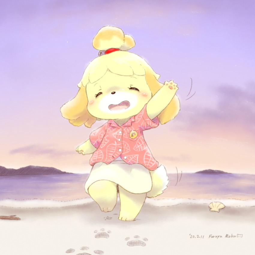 1girl animal_crossing beach blush closed_eyes dog_girl dusk facing_viewer footprints full_body furry furry_female furuya_muku hawaiian_shirt highres isabelle_(animal_crossing) nintendo outdoors pawpads shell shirt skirt solo waving white_skirt