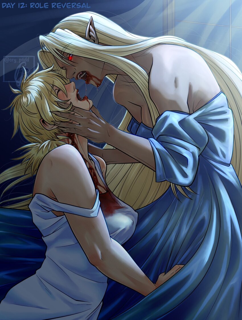 2girls after_kiss bare_shoulders bite_mark blonde_hair blood blood_on_clothes blue_dress breasts closed_eyes commentary covered_erect_nipples cry_ptidd dark-skinned_female dark_skin dress english_commentary glowing glowing_eyes hellsing highres integra_hellsing interracial kinktober large_breasts long_hair medium_breasts medium_hair multiple_girls open_mouth pointy_ears red_eyes role_reversal seras_victoria strap_slip strapless strapless_dress vampire very_long_hair watermark white_dress yuri