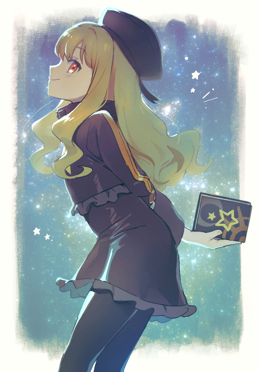 1girl beret black_pantyhose blonde_hair book border brown_dress cowboy_shot dress etrian_odyssey from_side hat highres holding holding_book long_hair mya-zawa pantyhose red_eyes revision sekaiju_no_meikyuu sekaiju_no_meikyuu_3 skirt sky smile solo star_(sky) starry_sky white_border zodiac_(sekaiju) zodiac_4_(sekaiju)