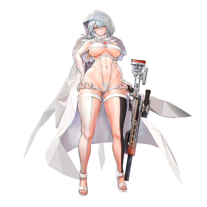 1girl braid breasts bridal_lingerie cape cleft_of_venus dress elbow_gloves english_text fingerless_gloves game_cg gloves gun hair_between_eyes high_heels highres hood large_breasts last_origin lingerie long_hair looking_at_viewer official_art revealing_clothes rifle silver_hair sima_(startwitch) simple_background single_braid sniper_rifle solo suppressor tachi-e thighhighs thighs transparent_background underboob weapon wedding_dress white_thighhighs wide_hips wraith_(last_origin) yellow_eyes