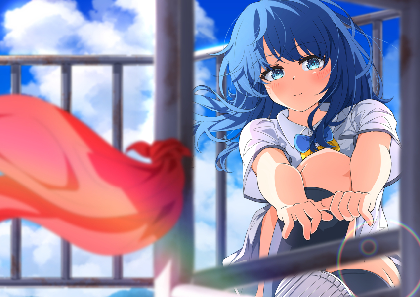 1girl absurdres black_socks blue_bow blue_bowtie blue_eyes blue_hair blue_sky blurry blush bow bowtie closed_mouth cloud collared_shirt commentary_request cumulonimbus_cloud day depth_of_field feet_out_of_frame floating_hair highres hugging_own_legs knee_up kneehighs kyamiuu lens_flare make_heroine_ga_oo_sugiru! making-of_available medium_hair outdoors paid_reward_available railing shirt short_sleeves sitting sky smile socks solo split_mouth v_arms white_shirt wind yanami_anna