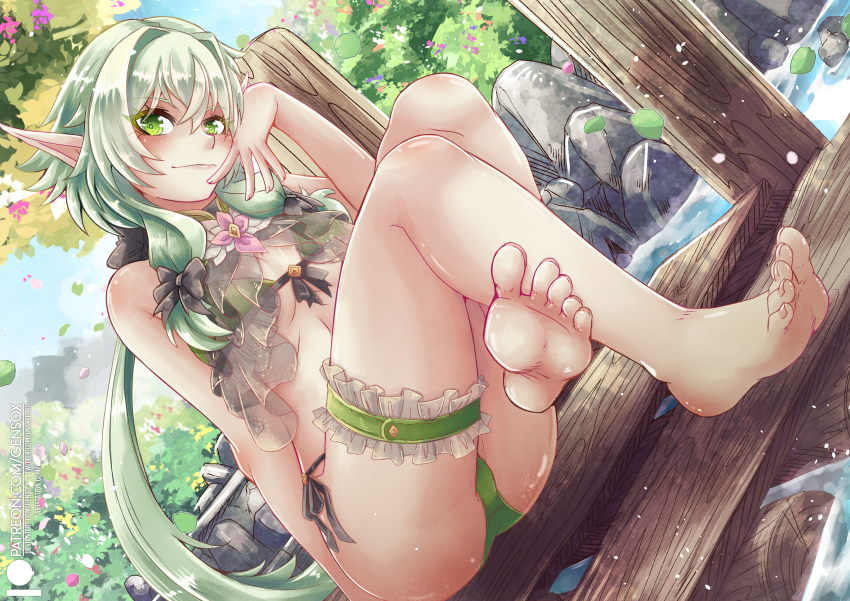 1girl barefoot bikini black_bow blush bow breasts bridal_garter dutch_angle elf fantasy feet flower gensox goblin_slayer! green_bikini green_eyes green_garter_belt green_hair hair_between_eyes hair_bow hair_intakes high_elf_archer_(goblin_slayer!) highres leaf long_hair looking_at_viewer outdoors patreon_username pink_flower pointy_ears rock see-through_clothes see-through_shawl shawl side-tie_bikini_bottom sidelocks sitting smile solo swimsuit tree very_long_hair water wood