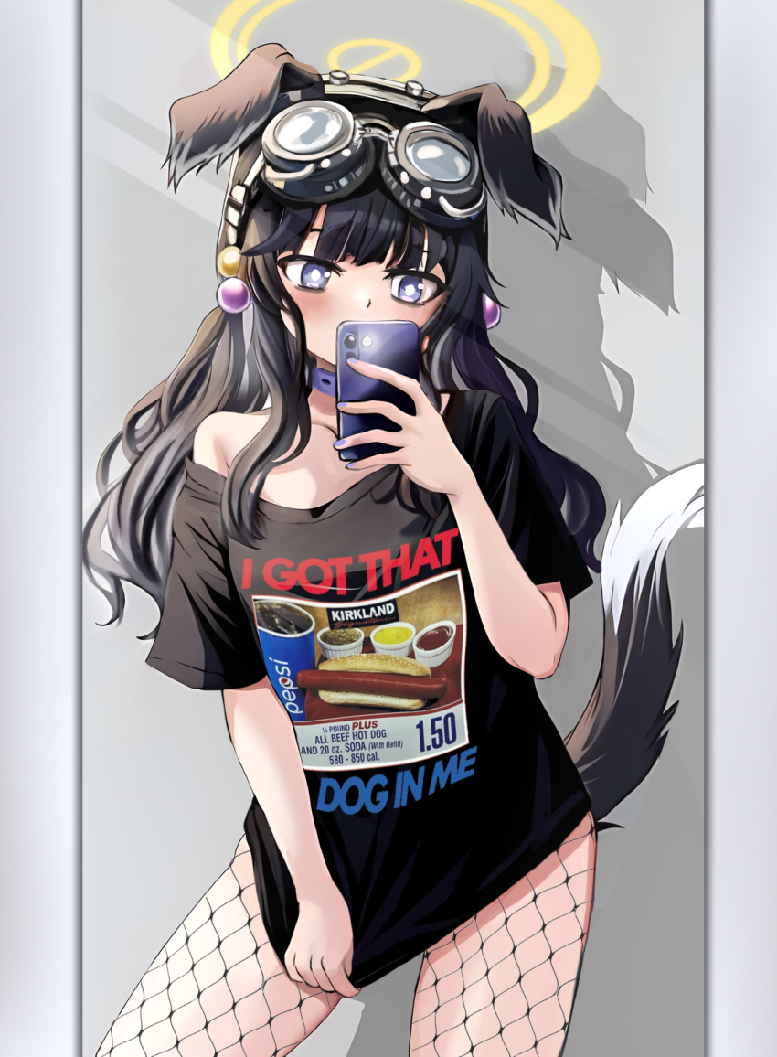 1girl ai-assisted animal_ears black_shirt blue_archive bottomless cellphone clothes_pull collar costco dog_ears dog_girl dog_tail fishnets flatculture goggles halo hibiki_(blue_archive) highres hot_dog meme meme_attire mirror nail_polish phone selfie shirt shirt_pull shirt_tug smartphone standing tail