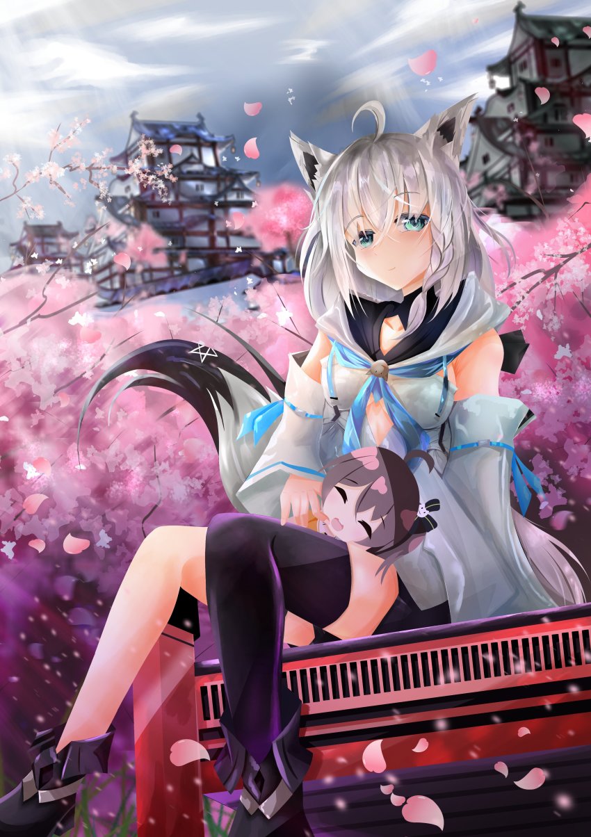 2girls absurdres ahoge animal_ears architecture blue_neckerchief blurry blurry_background braid breasts cherry_blossoms cloud cloudy_sky collarbone commentary_request detached_sleeves doll east_asian_architecture exrazeaednh fox_ears fox_girl fox_tail green_eyes hair_between_eyes highres hololive hood hoodie long_hair looking_at_viewer multiple_girls natsuiro_matsuri neckerchief one_side_up pentagram shirakami_fubuki shirakami_fubuki_(1st_costume) sidelocks single_braid single_thighhigh sitting sky small_breasts smile tail thighhighs virtual_youtuber white_hair white_hoodie