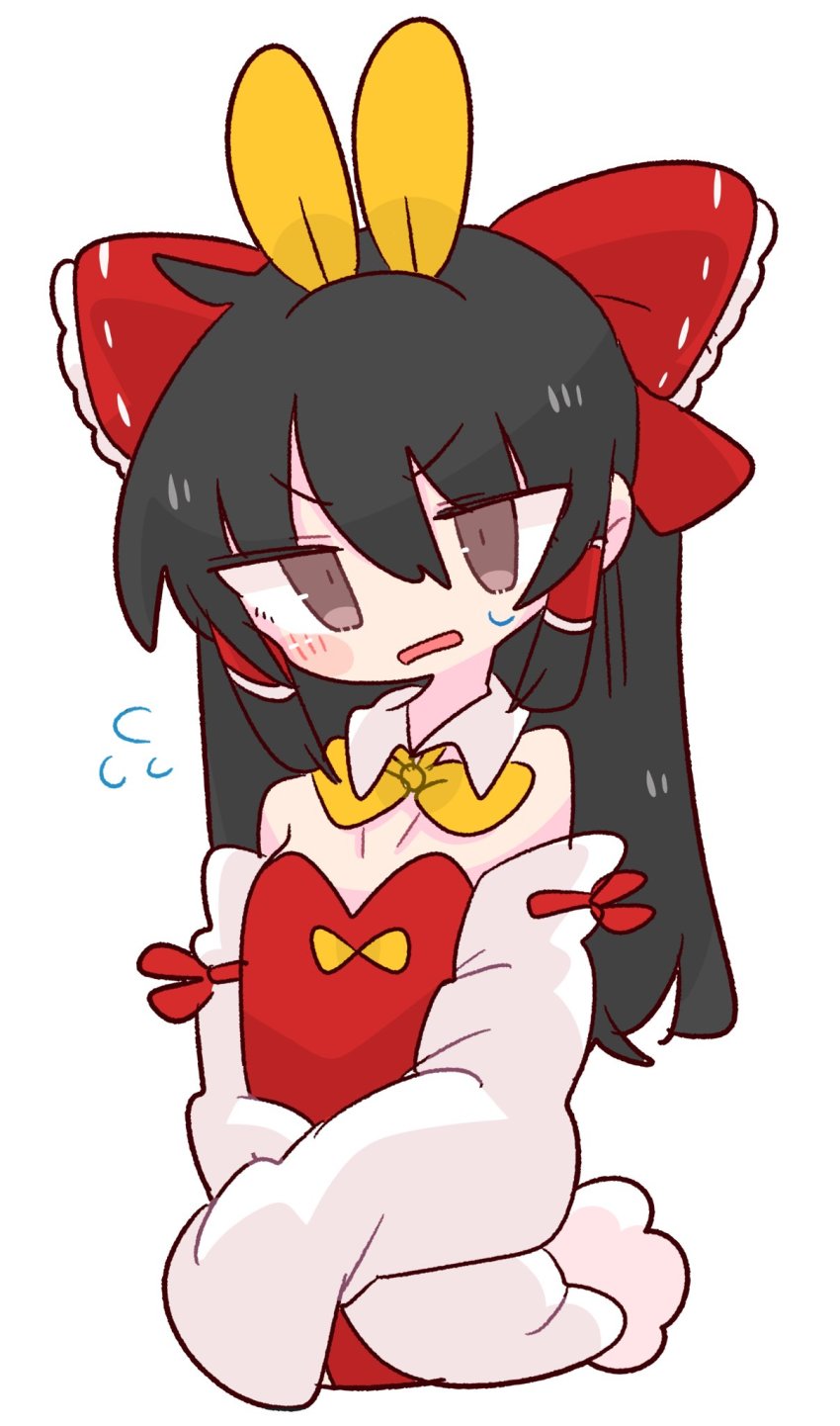 1girl alternate_costume animal_ears black_hair bow bowtie breasts brown_eyes covered_navel detached_collar detached_sleeves hair_bow hair_tubes hakurei_reimu highres leotard long_hair op_na_yarou playboy_bunny rabbit_ears rabbit_tail red_bow red_leotard ribbon-trimmed_sleeves ribbon_trim shame sidelocks sleeves_past_wrists small_breasts sweatdrop tail touhou twintails v-shaped_eyebrows yellow_bow yellow_bowtie