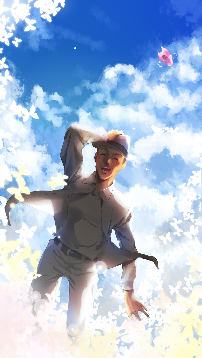 1boy :d ^_^ akeru blue_sky bug butterfly cloud cloudy_sky day digimon closed_eyes hand_on_headwear hat highres bug looking_at_viewer male_focus open_mouth real_life real_life_insert shade sky smile solo wada_kouji