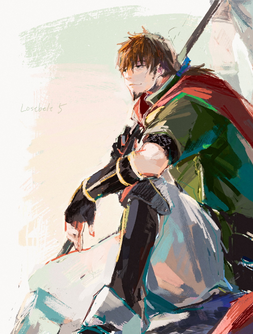 1boy blue_ribbon brown_hair cape cheekbones closed_mouth facial_hair fate/grand_order fate_(series) fingerless_gloves gloves goatee green_tunic hector_(fate) highres holding holding_polearm holding_weapon knee_up looking_ahead male_focus mature_male pichoko polearm red_cape ribbon short_sleeves sideburns sitting sketch solo tunic weapon