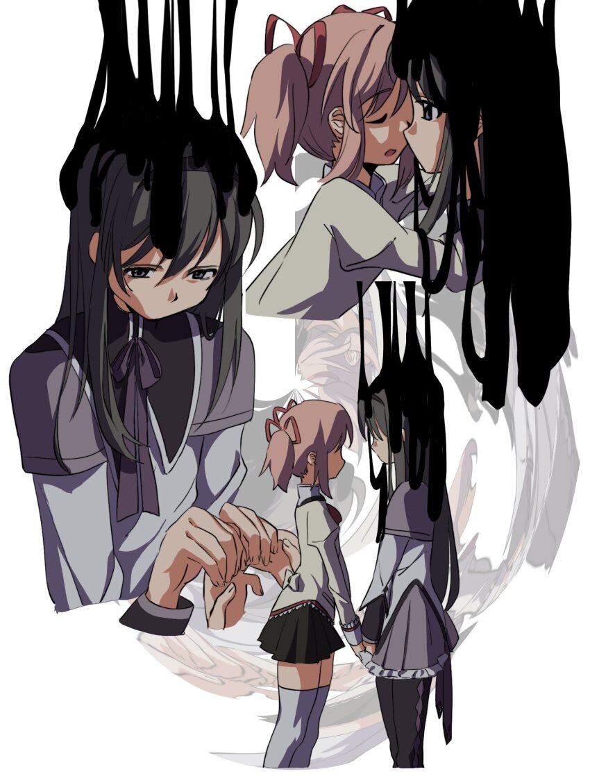 2girls akemi_homura akemi_homura_(magical_girl) black_hair bow dripping from_side hair_bow hair_ribbon hairband highres holding_hands kaname_madoka kuro_miumu long_hair magical_girl mahou_shoujo_madoka_magica mitakihara_school_uniform multiple_girls pantyhose pink_hair purple_eyes ribbon school_uniform short_hair short_twintails skirt slime_(substance) standing thighhighs twintails yuri zettai_ryouiki