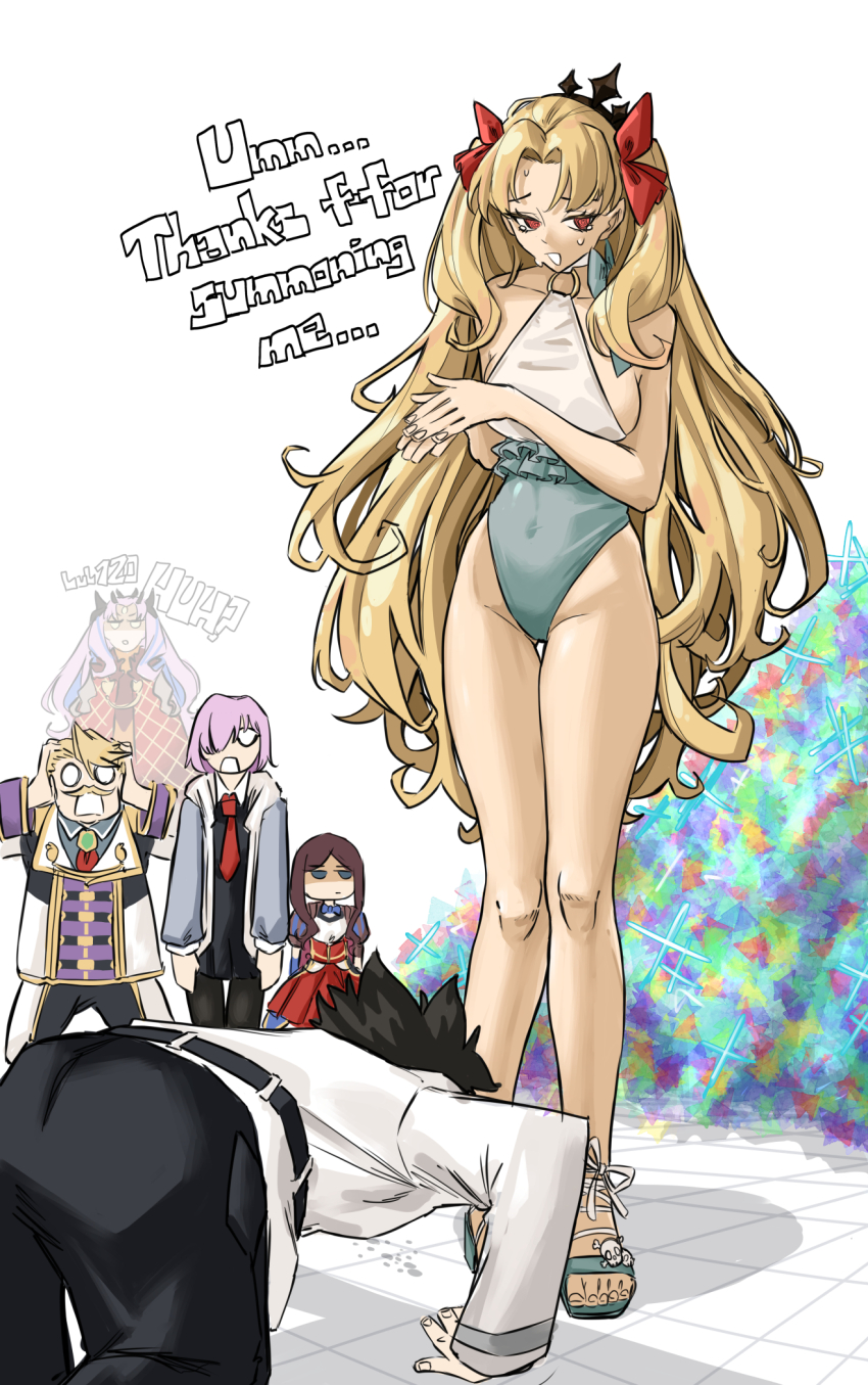 2boys 4girls black_tiara blonde_hair bowing curtained_hair ereshkigal_(fate) fate/grand_order fate_(series) frilled_one-piece_swimsuit frills fujimaru_ritsuka_(male) furauji goredolf_musik grey_one-piece_swimsuit highres ishtar_(fate) leonardo_da_vinci_(fate) leonardo_da_vinci_(fate/grand_order) leonardo_da_vinci_(rider)_(fate) mash_kyrielight multiple_boys multiple_girls o-ring o-ring_swimsuit one-piece_swimsuit space_ereshkigal_(fate) space_ereshkigal_(first_ascension)_(fate) space_ishtar_(fate) swimsuit tiara two-tone_one-piece_swimsuit two-tone_swimsuit two_side_up