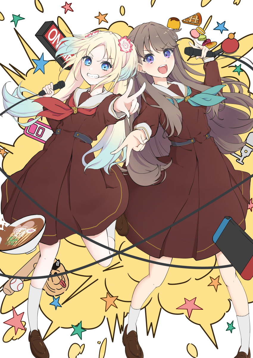 2girls :d absurdres aoiao aqua_neckerchief ball baseball_(object) baseball_bat battery_indicator blonde_hair blue_eyes blue_hair brown_dress brown_hair bulldog cable deal_with_it_(meme) dress explosion flower food fujishima_megumi full_body gradient_hair grin gyaru_v hair_flower hair_ornament hasu_no_sora_school_uniform highres holding holding_microphone leg_up light_blue_hair link!_like!_love_live! long_hair long_sleeves love_live! macaron medium_dress meme microphone mira-cra_park! multicolored_hair multiple_girls neckerchief nintendo_switch noodles open_mouth osawa_rurino paddle parted_bangs pie pink_flower pleated_dress purple_eyes ramen red_neckerchief sailor_collar sailor_dress school_uniform smile standing star_(symbol) table_tennis_ball table_tennis_paddle teeth twintails upper_teeth_only v v-shaped_eyebrows virtual_youtuber white_background white_flower white_sailor_collar winter_uniform