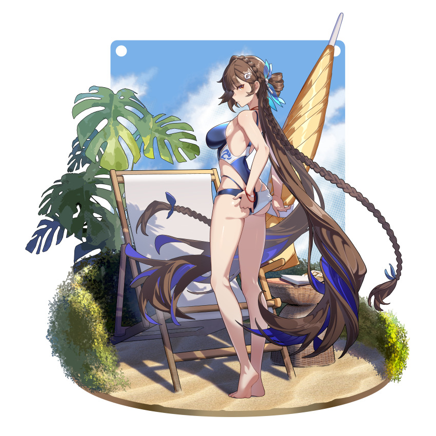 1girl absurdres ass bare_legs barefoot basket beach_umbrella blue_one-piece_swimsuit breasts brown_eyes brown_hair chinese_commentary commentary_request feet from_side highres honkai_(series) honkai_impact_3rd huiqian large_breasts legs li_sushang li_sushang_(summer_2023) long_braid long_hair one-piece_swimsuit sideboob soles solo standing swimsuit umbrella very_long_hair white_background