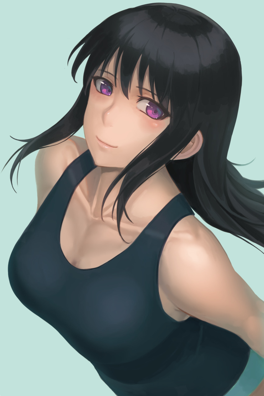 1girl black_hair breasts closed_mouth highres long_hair looking_at_viewer medium_breasts misaki_shizuno purple_eyes ranma_(kamenrideroz) simple_background smile solo tank_top zegapain