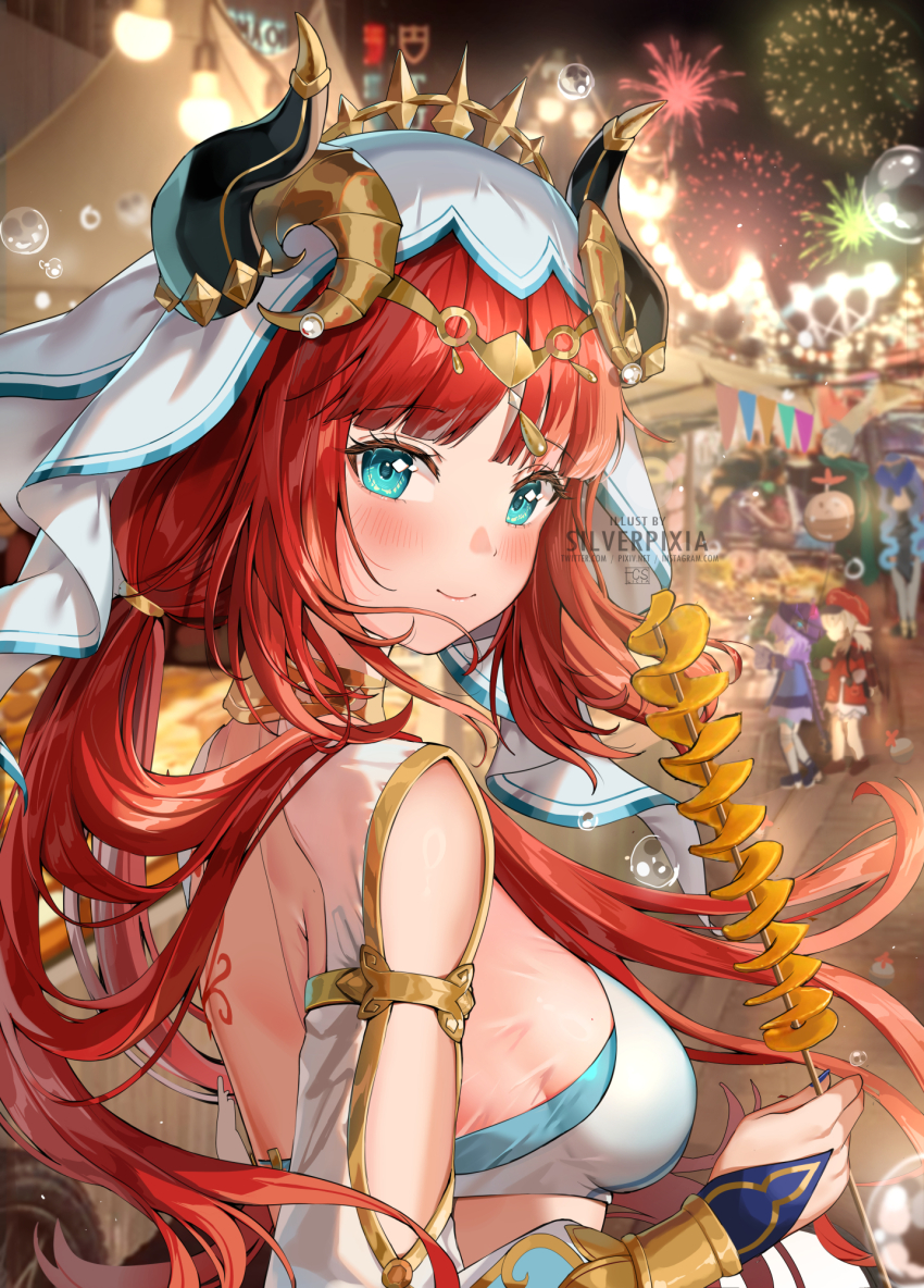 3girls aerial_fireworks aqua_eyes artist_name back_tattoo blunt_bangs blush bracer breasts circlet closed_mouth fake_horns fireworks food food_stand from_side genshin_impact gold_trim harem_outfit highres holding holding_food horns jewelry klee_(genshin_impact) long_hair long_sleeves looking_at_viewer looking_back low_twintails medium_breasts multiple_girls neck_ring night nilou_(genshin_impact) outdoors puffy_long_sleeves puffy_sleeves qiqi_(genshin_impact) red_hair sideboob sidelocks silverpixia smile solo_focus spiral_potato tattoo twintails upper_body white_veil