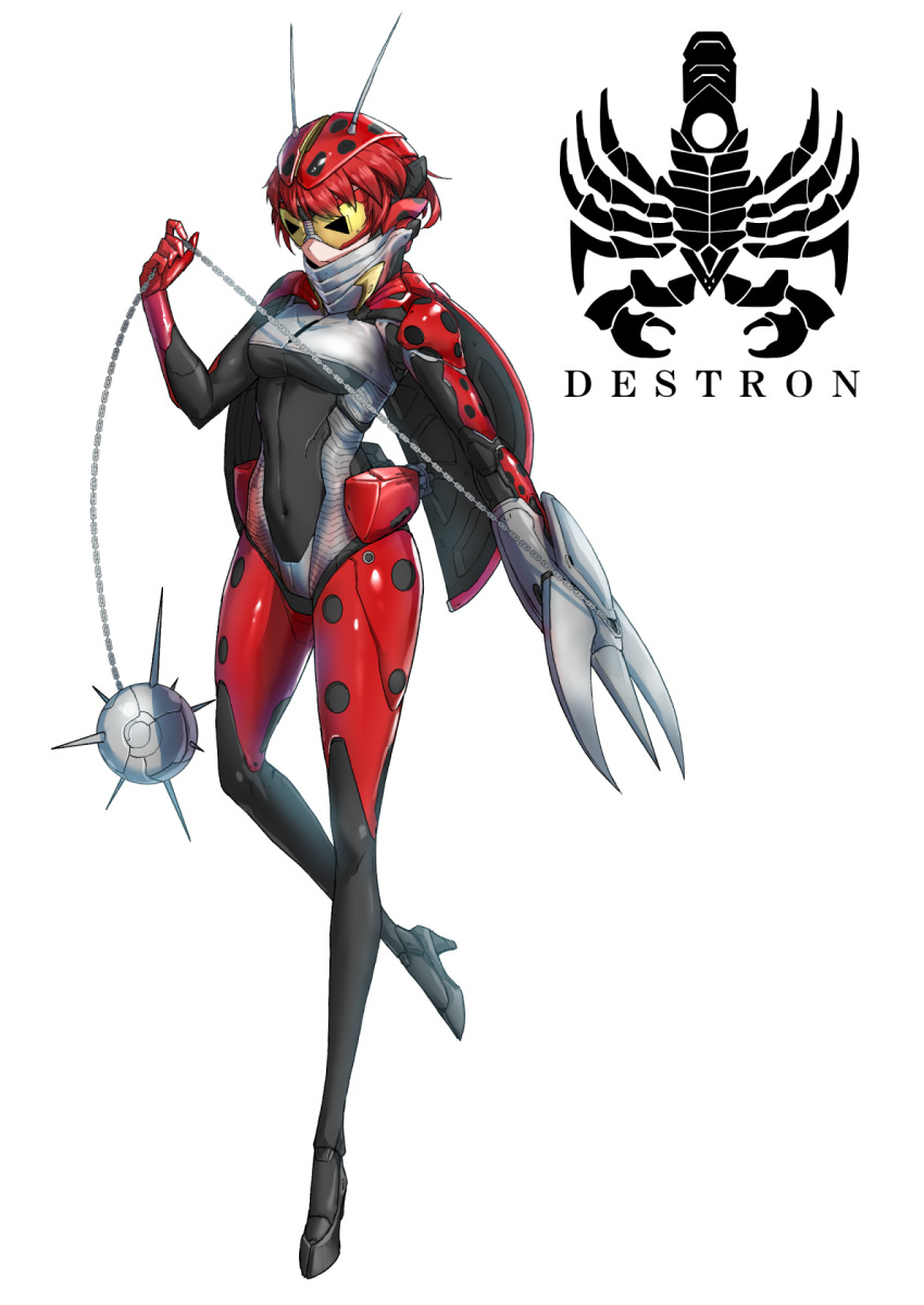 1girl antennae armor arthropod_girl ball_and_chain_(weapon) bodysuit chain commentary covered_navel cyborg eidenjyou1997 english_commentary genderswap genderswap_(mtf) goggles high_heels highres holding holding_chain kamen_rider kamen_rider_v3_(series) kusarigama_tentou ladybug_girl logo mechanical_wings monster_girl red_hair simple_background solo spikes white_background wings