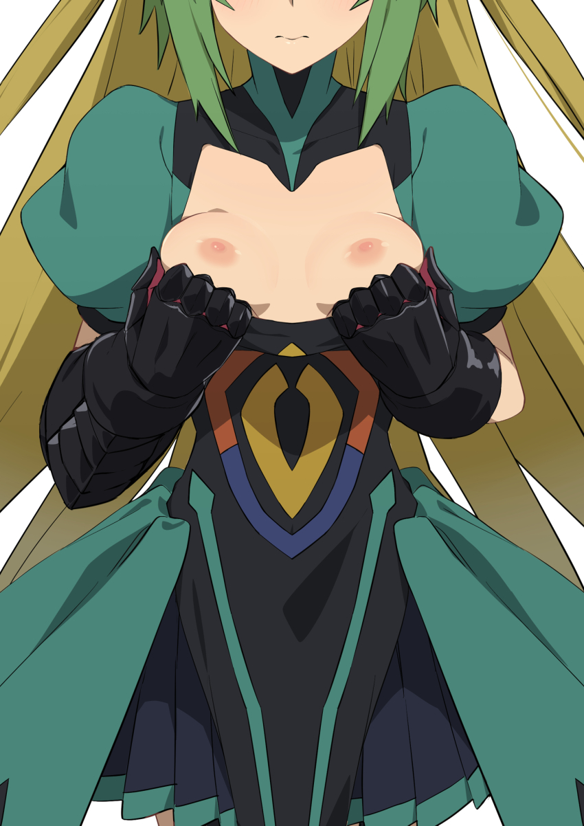 1girl atalanta_(fate) black_skirt breasts breasts_out brown_hair closed_mouth commentary_request fate/apocrypha fate/grand_order fate_(series) gauntlets green_hair head_out_of_frame highres long_hair morisobo multicolored_hair nipples puffy_short_sleeves puffy_sleeves short_sleeves simple_background skirt small_breasts solo two-tone_hair white_background