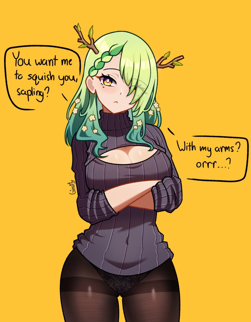 1girl absurdres antlers black_panties braid breasts ceres_fauna cleavage commentary english_commentary flower ginotty green_hair hair_flower hair_ornament highres hololive hololive_english horns large_breasts long_hair looking_at_viewer mole mole_under_eye multicolored_hair panties panties_under_pantyhose pantyhose smile solo underwear virtual_youtuber yellow_eyes