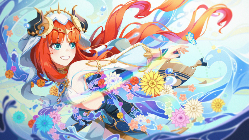 1girl aqua_eyes blue_gemstone blue_nails blue_skirt bracer breasts brooch bug butterfly circlet clenched_teeth dancer fake_horns floating_hair flower gem genshin_impact gold_trim harem_outfit highres horns hydrokinesis insect jewelry long_hair long_sleeves looking_to_the_side nail_polish neck_ring nilou_(genshin_impact) open_mouth puffy_long_sleeves puffy_sleeves red_hair skirt small_breasts solo teeth upper_body veil very_long_hair vinsonfeng water white_veil