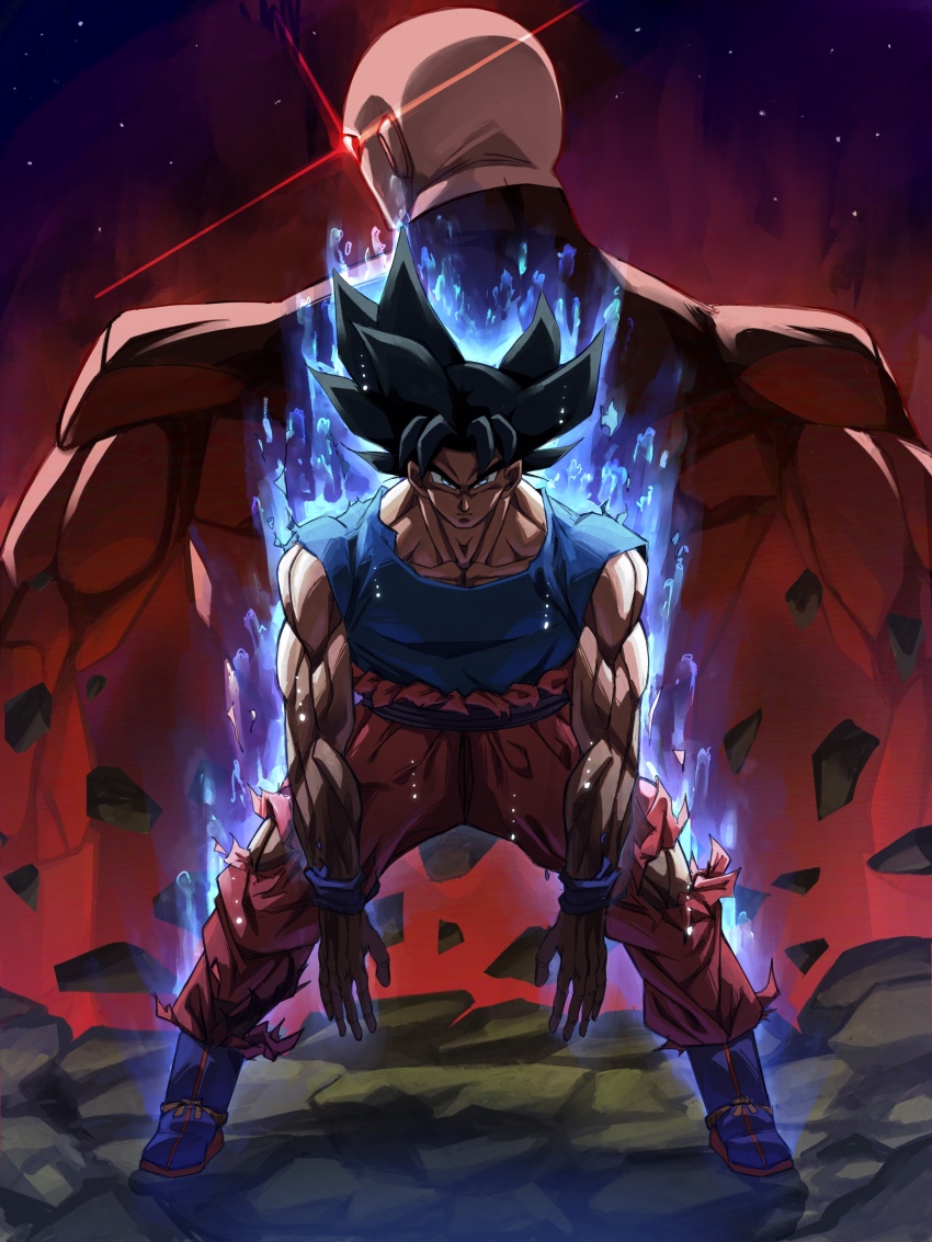 2boys absurdres black_hair blue_aura blue_footwear blue_sash blue_vest bodysuit bow closed_mouth commentary debris dougi dragon_ball dragon_ball_super english_commentary facing_back full_body glowing glowing_eye grey_eyes highres initials-drawing jiren legs_apart looking_at_viewer looking_back male_focus multiple_boys muscular muscular_male nose orange_bow orange_dougi orange_pants pants pride_trooper_uniform purple_background red_aura red_bodysuit sash serious son_goku standing star_(sky) torn_clothes torn_pants two-tone_bodysuit ultra_instinct vest wristband