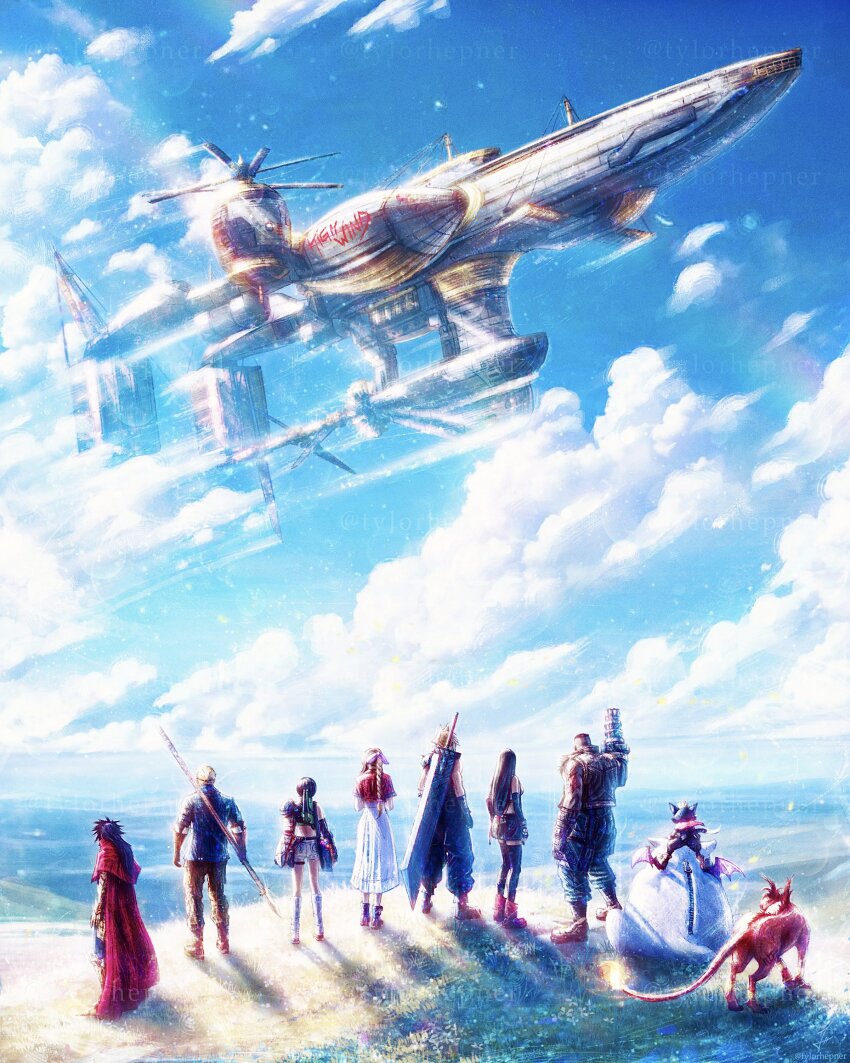 3girls 5boys 6+boys absurdres aerith_gainsborough aircraft airship arm_cannon baggy_pants bare_shoulders barret_wallace black_gloves black_hair black_thighhighs blonde_hair blue_jacket blue_sky boots braid braided_ponytail brown_hair brown_vest buster_sword cait_sith_(final_fantasy) cape cat cid_highwind cloak cloud cloud_strife cloudy_sky commentary contrail cropped_jacket crown dark-skinned_female dark_skin day dress english_commentary final_fantasy final_fantasy_vii final_fantasy_vii_rebirth final_fantasy_vii_remake flame-tipped_tail from_behind full_body gatling_gun gauntlets gloves green_sweater handcannon highres highwind holding holding_polearm holding_weapon horizon jacket long_hair low-tied_long_hair mini_crown moogle multiple_boys multiple_girls ocean orange_fur outdoors pants polearm red_cape red_cloak red_footwear red_fur red_hair red_jacket red_xiii scenery short_hair shorts single_gauntlet sky sleeveless sleeveless_turtleneck socks spear spiked_hair standing sweater sword thighhighs tifa_lockhart turtleneck turtleneck_sweater tylor_hepner vest vincent_valentine weapon weapon_on_back white_socks yuffie_kisaragi