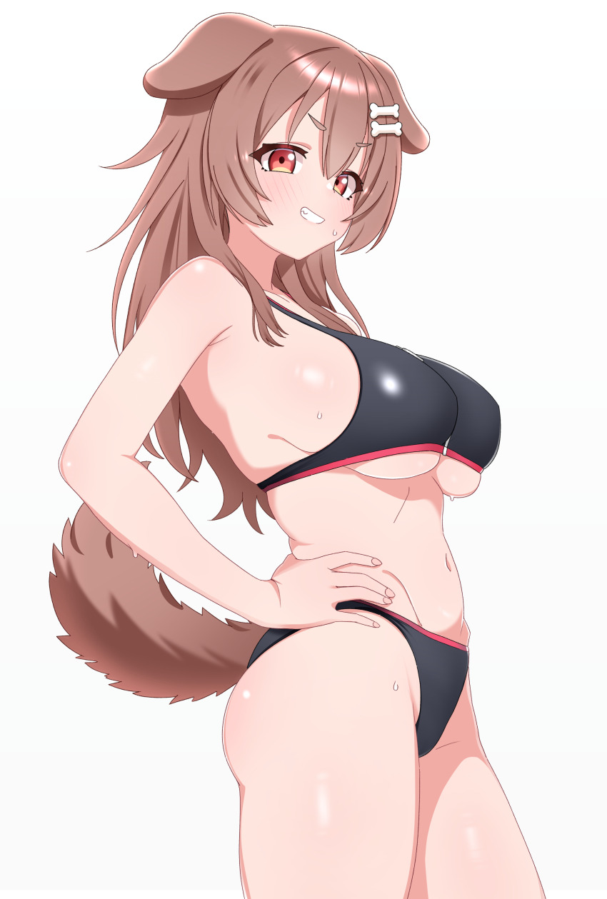 1girl absurdres animal_ears blush bone_hair_ornament breasts brown_hair cartoon_bone commentary crop_top dated_commentary dog_ears dog_girl dog_tail from_side hair_between_eyes hair_ornament hand_on_own_hip highres hololive inugami_korone large_breasts long_hair looking_at_viewer mingkozus navel red_eyes sideboob simple_background smile solo sweat tail teeth thighs underboob virtual_youtuber white_background