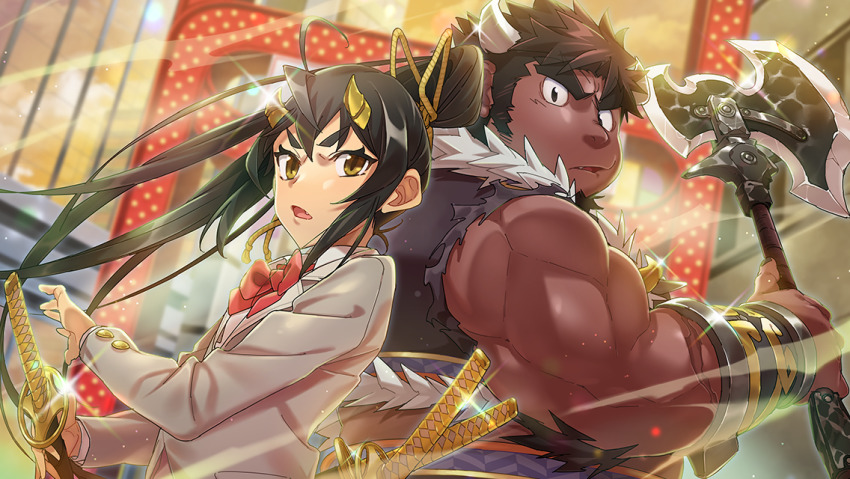 1boy 1girl axe bara black_hair body_fur bow cow_boy cow_horns dark-skinned_male dark_skin facial_hair holding holding_axe holding_sword holding_weapon horns long_hair long_sideburns looking_at_viewer multiple_swords muscular muscular_male official_art oni oni_horns open_mouth purasu_no_konbu school_uniform short_hair sideburns sidelocks sparkle suzuka_(housamo) sword tetsuox_(housamo) thick_eyebrows tokyo_houkago_summoners weapon yellow_eyes