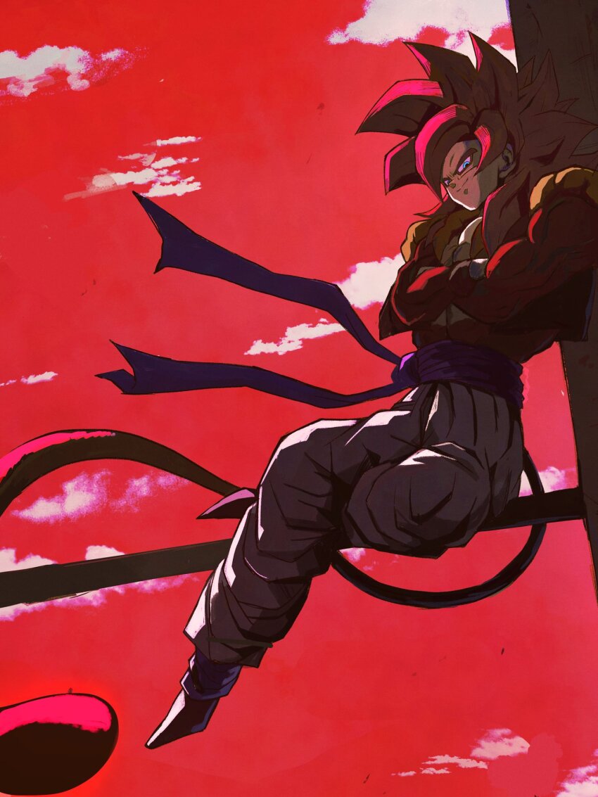 1boy black_vest blue_eyes blue_sash body_fur brown_fur cropped_vest crossed_arms dragon_ball dragon_ball_gt full_body gogeta highres long_hair looking_at_viewer male_focus metamoran_vest monkey_tail open_clothes open_vest pants pato007711 red_hair red_sky red_theme sash sky solo spiked_hair super_saiyan super_saiyan_4 tail vest white_pants