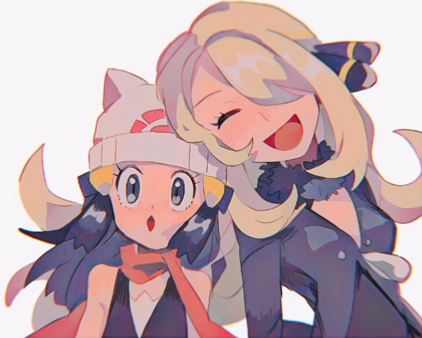 2girls :d ^_^ bare_shoulders beanie blonde_hair breasts closed_eyes creatures_(company) cynthia_(pokemon) dawn_(pokemon) fur_trim game_freak hair_over_one_eye hat hinann_bot long_hair multiple_girls nintendo open_mouth pokemon pokemon_dppt scarf simple_background small_breasts smile upper_body white_background