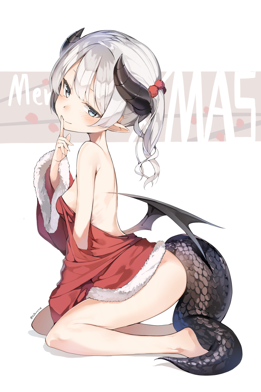 1girl absurdres blue_eyes blush breasts closed_mouth cotama dress finger_to_mouth from_side full_body highres horns long_sleeves low_wings merry_christmas off_shoulder original pointy_ears santa_dress small_breasts smile solo tail white_hair wings