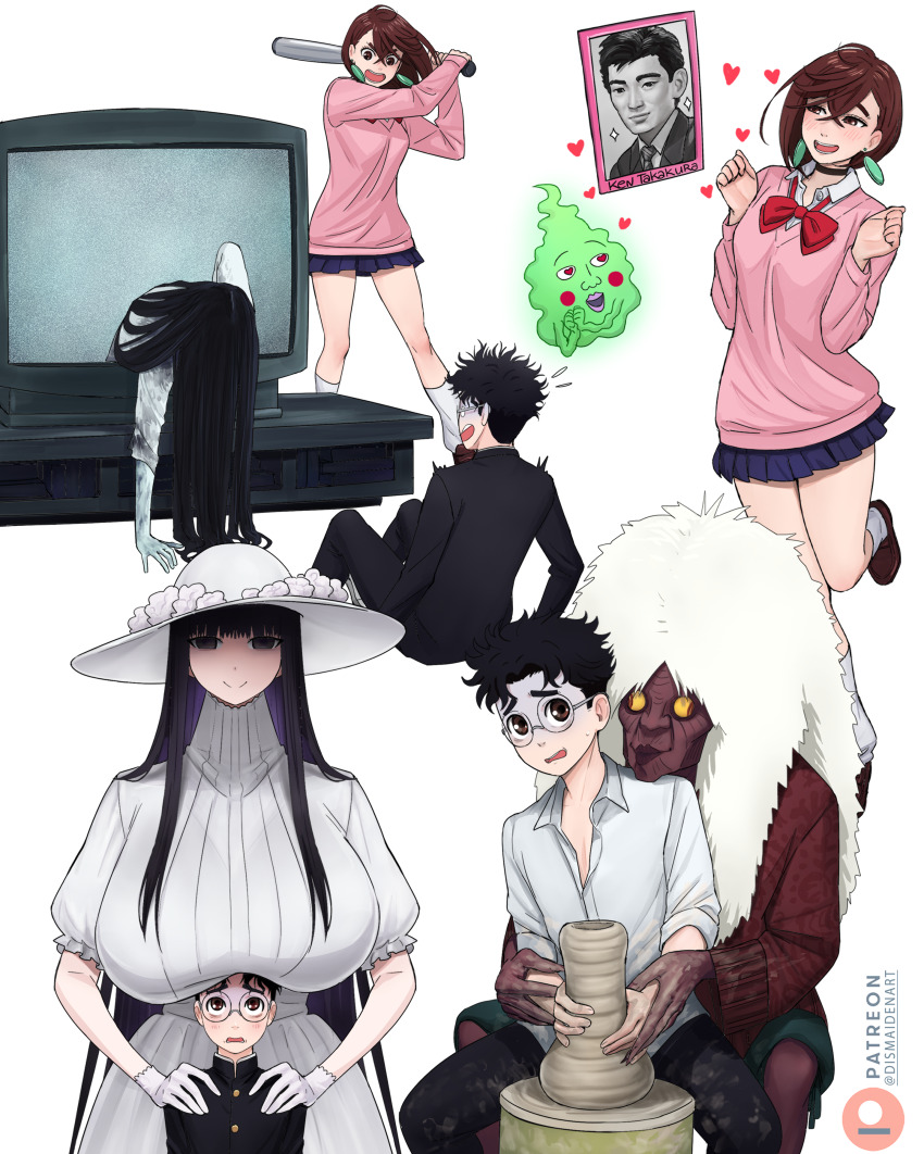 2boys 4girls absurdres artist_name ayase_momo baseball_bat black_hair blue_skirt breasts brown_eyes brown_hair crossed_bangs crossover crt dandadan dismaiden earrings ekubo_(mob_psycho_100) gakuran ghost ghost_(1990_film) glasses hair_over_eyes hasshaku-sama highres holding holding_baseball_bat huge_breasts jewelry long_hair long_sleeves loose_socks mob_psycho_100 multiple_boys multiple_girls patreon_logo patreon_username pink_sweater round_eyewear school_uniform short_hair simple_background size_difference skirt socks sweater takakura_ken_(dandadan) tall_female television the_ring turbo_granny very_long_hair watermark white_background yamamura_sadako