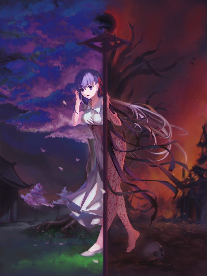 1girl barefoot breasts cherry_blossoms collarbone dark_persona dark_sakura dress dual_persona fate/stay_night fate_(series) female_focus floating_hair full_body hair_between_eyes hair_ribbon hand_in_own_hair highres large_breasts long_hair looking_at_viewer matou_sakura night no_panties outdoors purple_eyes purple_hair ribbon ruins short_sleeves silver_hair skull solo standing tattoo ushas very_long_hair white_dress