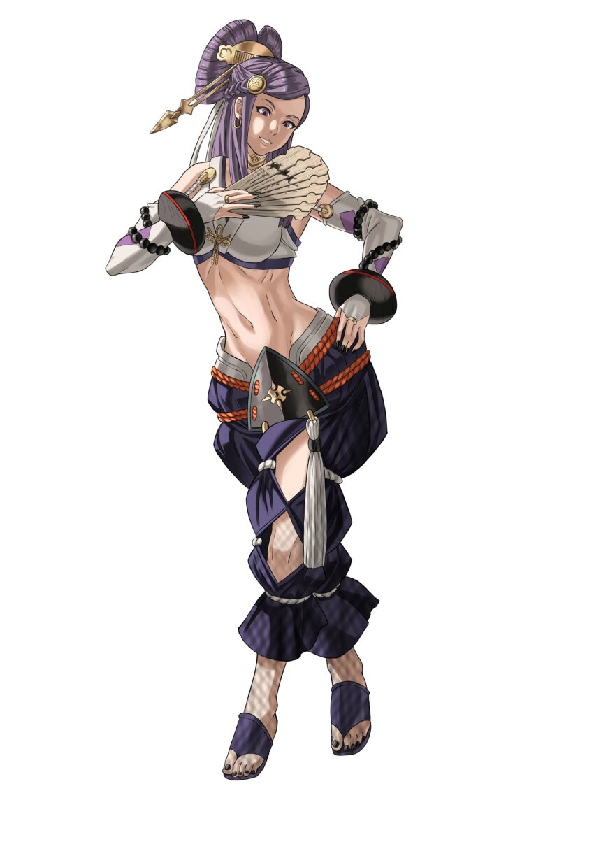 1girl bare_shoulders beads breasts cleavage comb earrings fingerless_gloves fire_emblem fire_emblem_fates gloves hair_ornament hair_stick hand_fan highres japanese_clothes jewelry large_breasts long_hair looking_at_viewer midriff nail_polish nintendo official_style orochi_(fire_emblem) peacefulandflat purple_eyes purple_hair purple_nails smile solo toeless_footwear toenail_polish toenails