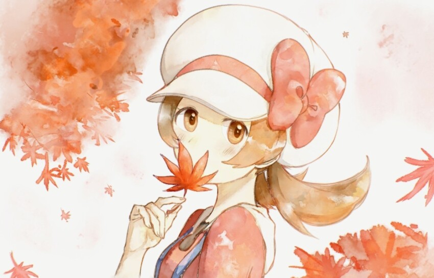 1girl asuka_rkgk autumn_leaves blush bow brown_eyes brown_hair creatures_(company) from_side game_freak hand_up hat hat_bow holding holding_leaf leaf long_hair looking_at_viewer looking_to_the_side lyra_(pokemon) nintendo pokemon pokemon_hgss red_bow shirt solo twintails upper_body white_hat