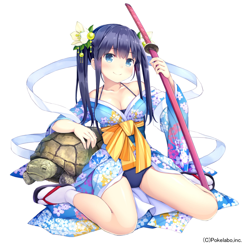 1girl absurdres arm_support arm_up bare_shoulders black_hair blue_eyes blush breasts cleavage collarbone company_name eyebrows female_focus floral_print flower full_body hair_flower hair_ornament highres holding holding_weapon japanese_clothes kimono long_hair looking_at_viewer namaru_(summer_dandy) official_art ribbon sandals sash simple_background sitting smile socks solo strap sword turtle twintails unmei_no_clan_battle wariza weapon white_background