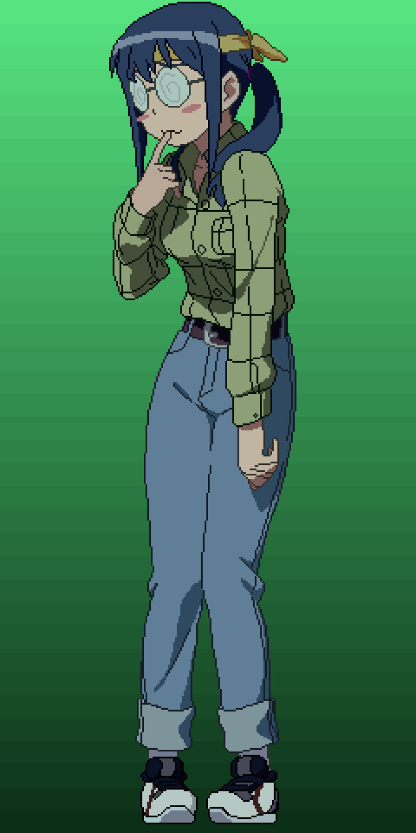 absurdres coke-bottle_glasses full_body glasses green_background highres knees_together_feet_apart makishima_saori ore_no_imouto_ga_konna_ni_kawaii_wake_ga_nai pixel_art self-upload solo standing tagme