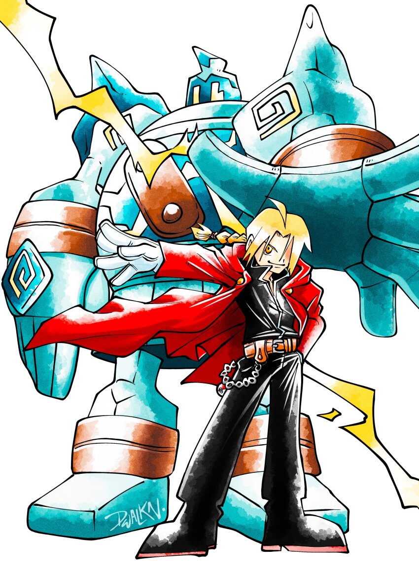 1boy 1other absurdres belt black_footwear black_jacket black_pants blonde_hair braid braided_ponytail coat creatures_(company) dwalkn edward_elric fullmetal_alchemist game_freak gen_5_pokemon gloves golurk hair_over_eyes highres jacket large_hands lightning nintendo pants pokemon pokemon_(creature) red_coat simple_background size_difference sugimori_ken_(style) white_background white_gloves yellow_eyes