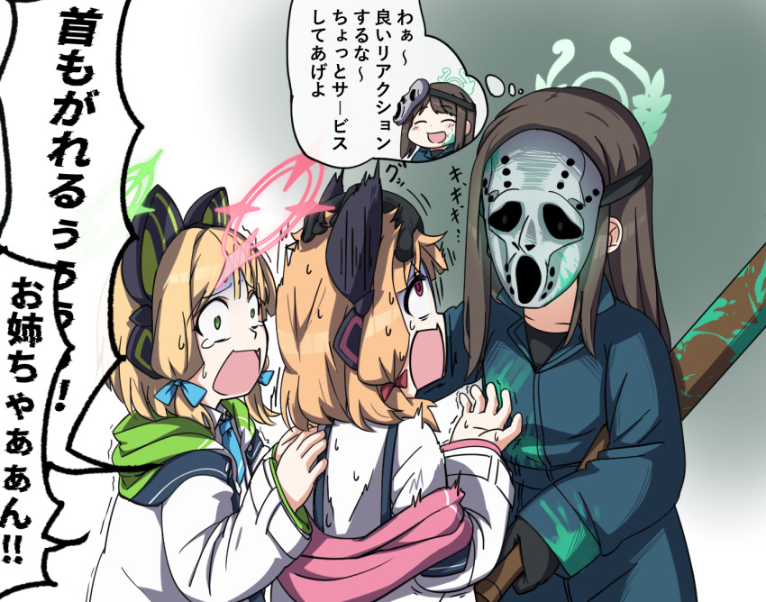 3girls airi_(blue_archive) airi_(halloween)_(blue_archive) animal_ear_headphones animal_ears baseball_bat black_gloves blonde_hair blue_archive bow brown_hair cat_ear_headphones commentary_request fake_animal_ears gloves green_eyes green_halo hair_bow halo headpat headphones height_difference hihachi jacket jumpsuit long_hair long_sleeves mask medium_hair midori_(blue_archive) momoi_(blue_archive) multiple_girls open_mouth paint_splatter pink_halo scared screaming translation_request