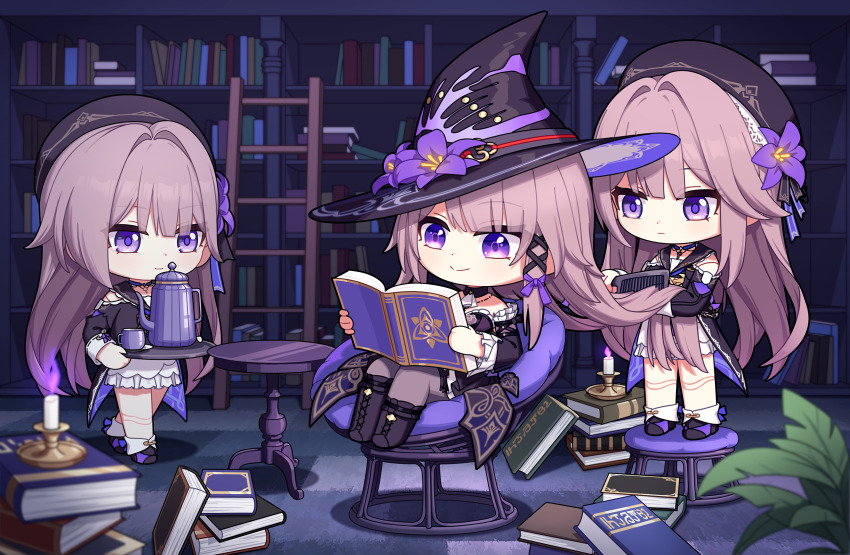 3girls beret black_footwear black_hat book book_stack bookshelf boots brown_hair brushing_another&#039;s_hair brushing_hair candle candlestand cavcaz chibi chibi_only choker comb commentary cup doll_joints english_commentary expressionless fire hat herta_(honkai:_star_rail) highres holding holding_book holding_comb holding_tray honkai:_star_rail honkai_(series) joints key key_choker knee_boots ladder long_hair multiple_girls on_stool open_book plant potted_plant purple_choker purple_eyes purple_fire reading smile standing table teacup teapot the_herta_(honkai:_star_rail) tray witch_hat