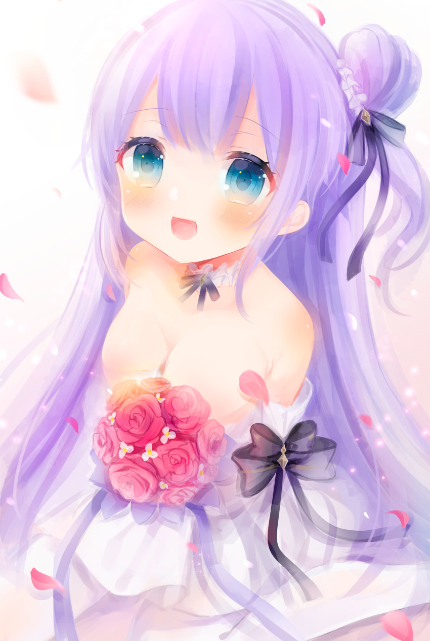 1girl :d azur_lane bare_shoulders black_bow blue_eyes blush bouquet bow breasts cleavage commentary_request dress flower hair_bow hair_bun hair_ornament hair_scrunchie highres hinanosuke medium_breasts open_mouth petals purple_hair red_flower red_rose rose scrunchie side_bun single_hair_bun single_side_bun smile solo strapless strapless_dress unicorn_(a_dream_of_pure_vows)_(azur_lane) unicorn_(azur_lane) white_dress white_scrunchie