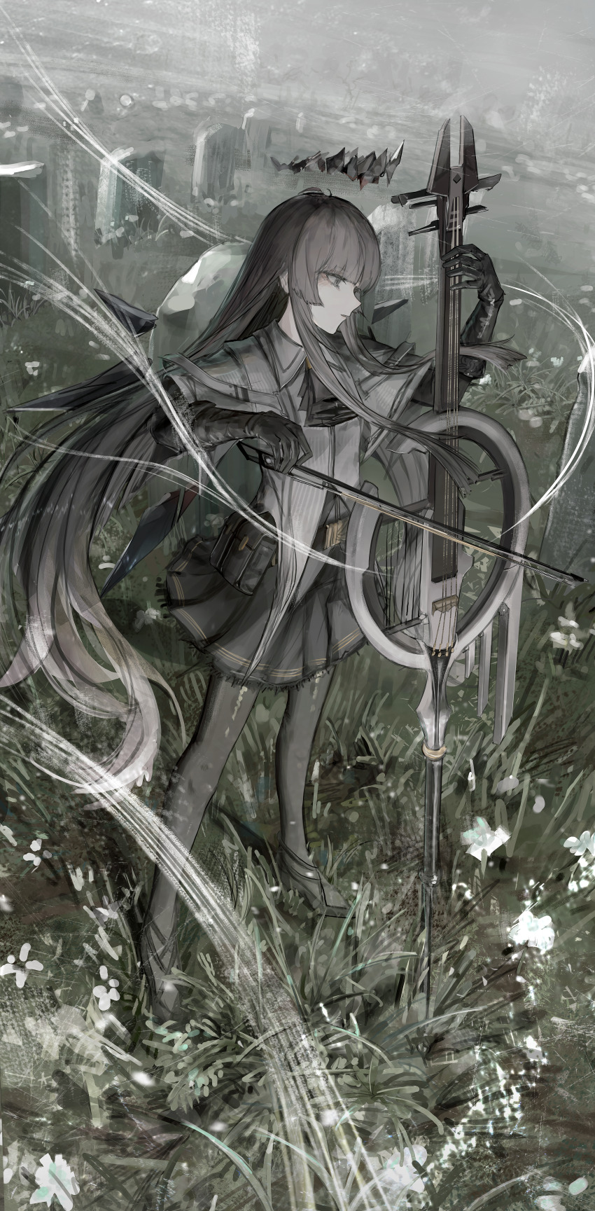 1girl absurdres arknights ascot black_ascot black_gloves black_hair black_halo black_skirt bow_(music) commentary dark_halo flower from_above gloves grass halo highres hime_cut holding holding_bow_(music) holding_instrument holding_violin instrument jacket layered_sleeves long_hair long_sleeves music nueegochi pantyhose playing_instrument short-sleeved_jacket short_over_long_sleeves short_sleeves skirt solo very_long_hair violin virtuosa_(arknights)