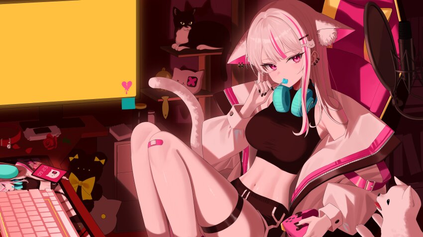 1girl absurdres animal_ear_fluff animal_ear_piercing animal_ears armpit_peek bandaid bandaid_on_knee bandaid_on_leg black_nails black_shirt black_shorts candy cat cat_ears cat_tail cellphone choker computer_keyboard controller crop_top dog ear_piercing food game_controller headphones headphones_around_neck highres holding holding_controller holding_game_controller jacket leavv legs_up lollipop long_hair long_sleeves looking_at_viewer microphone midriff monitor mousepad_(object) multicolored_hair nail_polish navel on_chair open_clothes open_jacket original phone piercing pink_eyes pink_streaks red_choker shirt shorts sitting skindentation sleeveless sleeveless_turtleneck smartphone solo sticky_note streaked_hair stuffed_toy tail thigh_strap turtleneck white_hair white_jacket