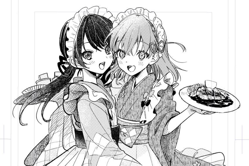 2girls :d apron argyle_clothes argyle_kimono argyle_sash braid crossed_bangs floral_print floral_print_kimono frilled_apron frills greyscale hair_ribbon highres hinoshita_kaho holding holding_plate holding_tray japanese_clothes katsu_curry kimono link!_like!_love_live! long_hair long_sleeves looking_at_viewer love_live! low_twintails maid maid_headdress medium_hair monochrome multiple_girls murano_sayaka obi official_alternate_costume ogi_(sham00) open_mouth plate ribbon sash side_braid sidelocks sleeves_past_elbows smile teeth tray twintails two_side_up unfinished upper_teeth_only virtual_youtuber wa_maid white_kimono wide_sleeves