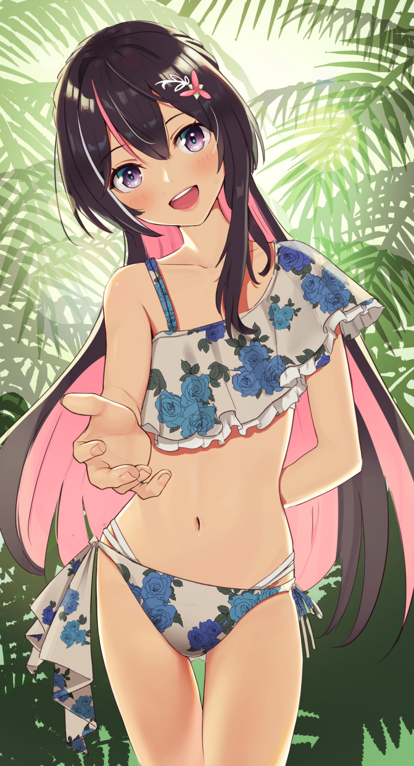 1girl alternate_costume arm_behind_back azki_(hololive) bikini black_hair blush colored_inner_hair commentary cowboy_shot double-parted_bangs floral_print gluteal_fold hair_ornament head_tilt highres hololive lens_flare long_hair looking_at_viewer multi-strapped_bikini_bottom multicolored_hair navel open_mouth outstretched_hand palm_tree pink_hair purple_eyes reaching reaching_towards_viewer side-tie_bikini_bottom smile solo standing streaked_hair sunlight swimsuit taachika thigh_gap tree virtual_youtuber white_hair