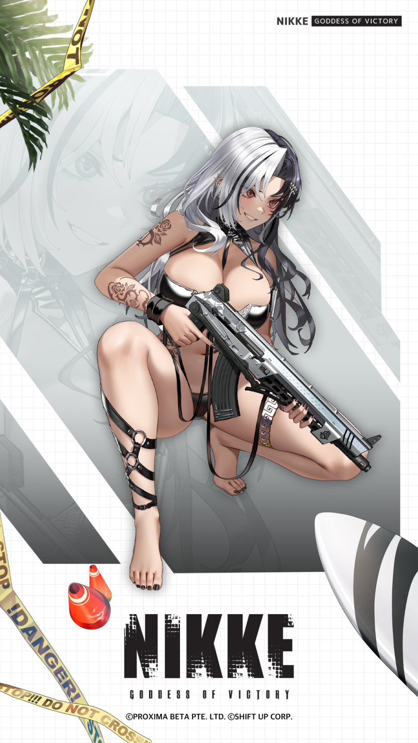 1girl arm_tattoo assault_rifle barefoot bikini black_bikini black_hair black_nails breasts commentary copyright_name english_commentary floral_print flower_tattoo goddess_of_victory:_nikke grey_hair grin gun hair_ornament hairclip highres holding holding_gun holding_weapon jewelry kalashnikov_rifle large_breasts long_hair looking_to_the_side multicolored_hair nail_polish o-ring official_alternate_costume official_art parted_bangs rifle rosanna_(chic_ocean)_(nikke) rosanna_(nikke) smile split-color_hair squatting swimsuit tattoo thighlet thighs toenail_polish toenails two-tone_hair weapon zoom_layer