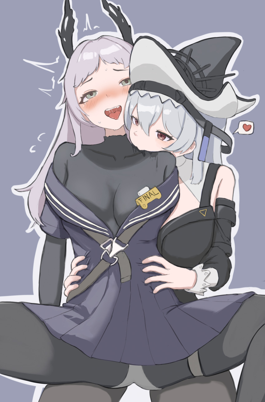 2girls absurdres arknights bare_shoulders biting biting_shoulder black_hat black_pantyhose black_shirt blush breasts brown_eyes chinese_commentary commentary_request covered_collarbone dress feet_out_of_frame green_eyes grey_hair grey_hat grey_panties hands_on_another&#039;s_hips hat heart highres irene_(arknights) irene_(the_adjudicatrix_and_her_resolve)_(arknights) long_hair long_sleeves medium_breasts multiple_girls neck_biting nose_blush off_shoulder official_alternate_costume open_mouth outline panties pantyhose partial_commentary pleated_dress purple_background purple_dress purple_sailor_collar sailor_collar saliva shirt simple_background sitting sitting_on_lap sitting_on_person specter_(arknights) spoken_heart spread_legs thigh_strap tongue tongue_out twitching two-sided_fabric two-sided_headwear underwear white_outline yuri zhege_hao_ei