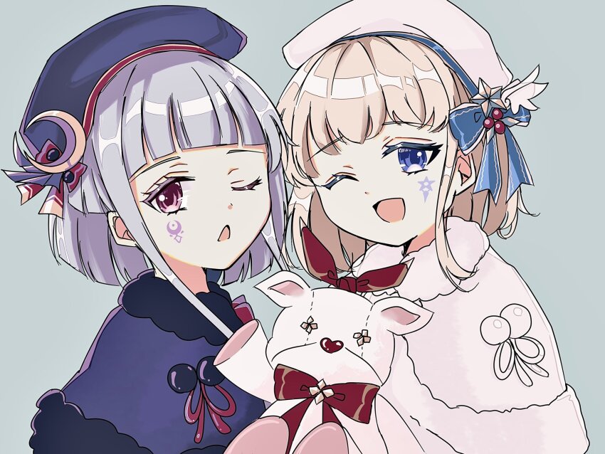 2girls 4nka_marine ;d arcaea beret blonde_hair blue_capelet blue_eyes blue_hat blue_ribbon blunt_bangs capelet chestnut_mouth colored_eyelashes commentary_request crescent crescent_hat_ornament eto_(arcaea) eto_(winter)_(arcaea) facial_mark fanged_bangs fur-trimmed_capelet fur_trim grey_background grey_hair hat hat_ornament hat_ribbon highres looking_at_viewer luna_(arcaea) luna_(winter)_(arcaea) mark_under_eye multiple_girls one_eye_closed open_mouth pink_capelet pink_hat purple_eyes red_ribbon ribbon short_hair siblings side-by-side simple_background sisters smile star_(symbol) star_hat_ornament stuffed_animal stuffed_toy twins upper_body