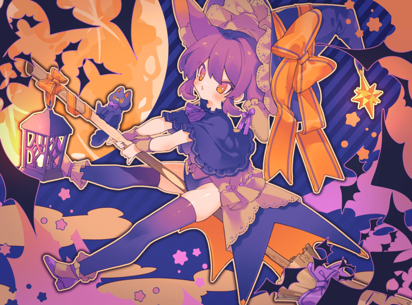 1girl animal_ears bat_(animal) blue_capelet blue_hat broom broom_riding capelet commentary dated_commentary frilled_capelet frills halloween hat hat_ribbon high_heels lantern leotard no_nose open_mouth orange_eyes orange_ribbon original ozureiji purple_footwear purple_hair purple_leotard purple_ribbon purple_thighhighs ribbon socks socks_over_thighhighs solo star_(symbol) thighhighs thighs white_socks witch_hat