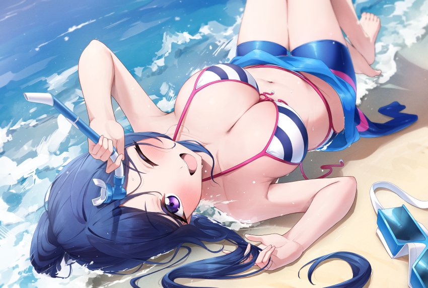 1girl absurdres bare_shoulders beach blue_hair breasts cleavage highres long_hair looking_at_viewer love_live! love_live!_sunshine!! lying matsuura_kanan morros one_eye_closed open_mouth purple_eyes smile solo swimsuit