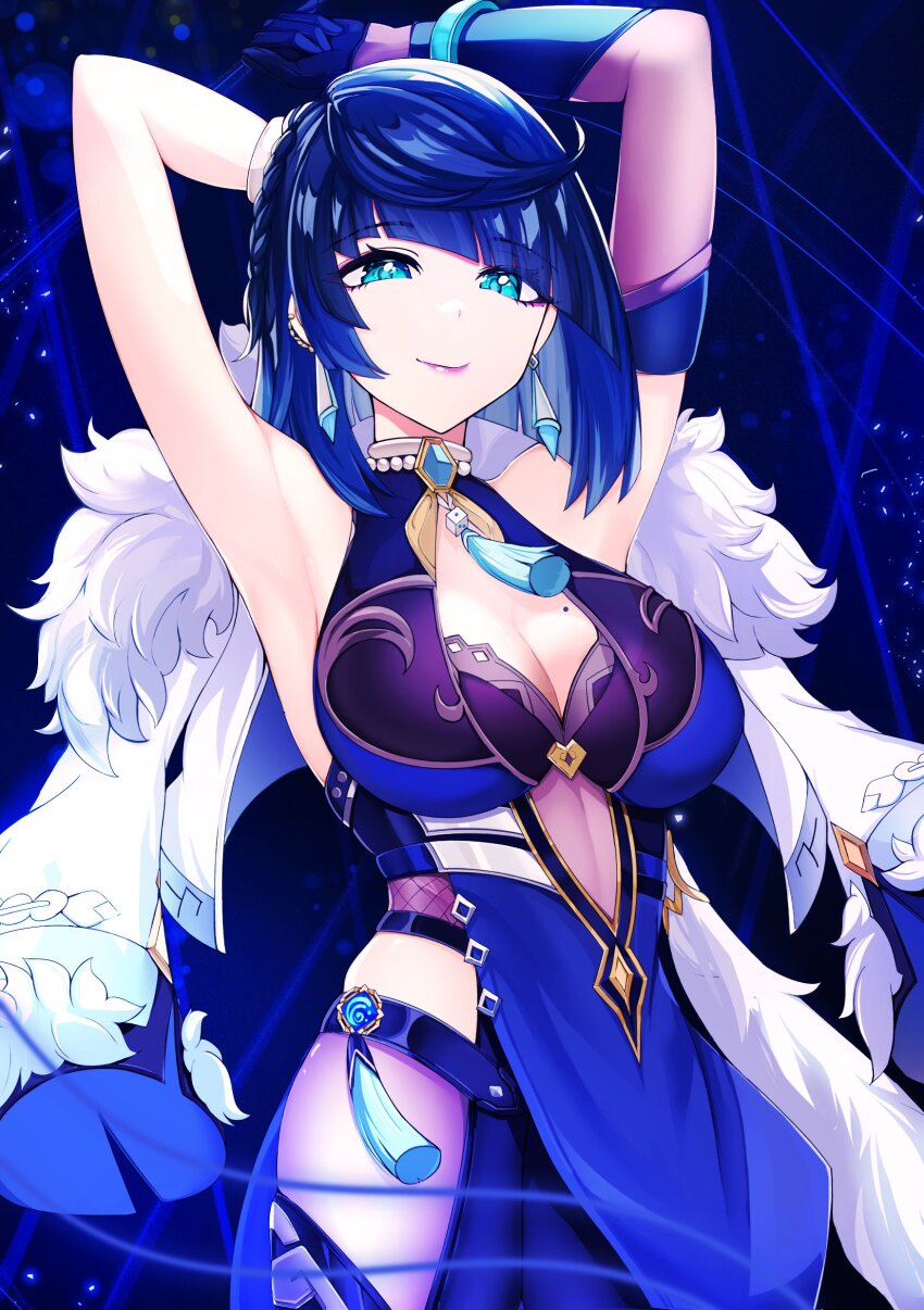 1girl absurdres armpits arms_up bare_shoulders blue_dress blue_eyes blue_hair blunt_bangs bracelet breasts cleavage cowboy_shot dress earrings fur_trimm genshin_impact highres jewelry large_breasts mole mole_on_breast purple_lips ritou08 short_hair sleeveless sleeveless_dress solo standing yelan_(genshin_impact)